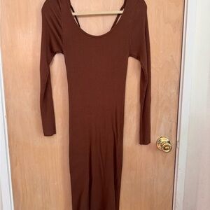 Vero Moda Brown Ribbed Bodycon Long Sleeve Midi Dress - Medium